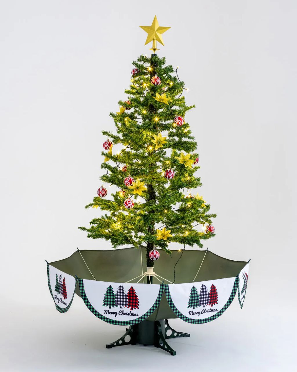 Árvore de Natal Grande com Base Guarda-Chuva - Iluminação, Música e Efeito de Neve (190 x 115 cm)