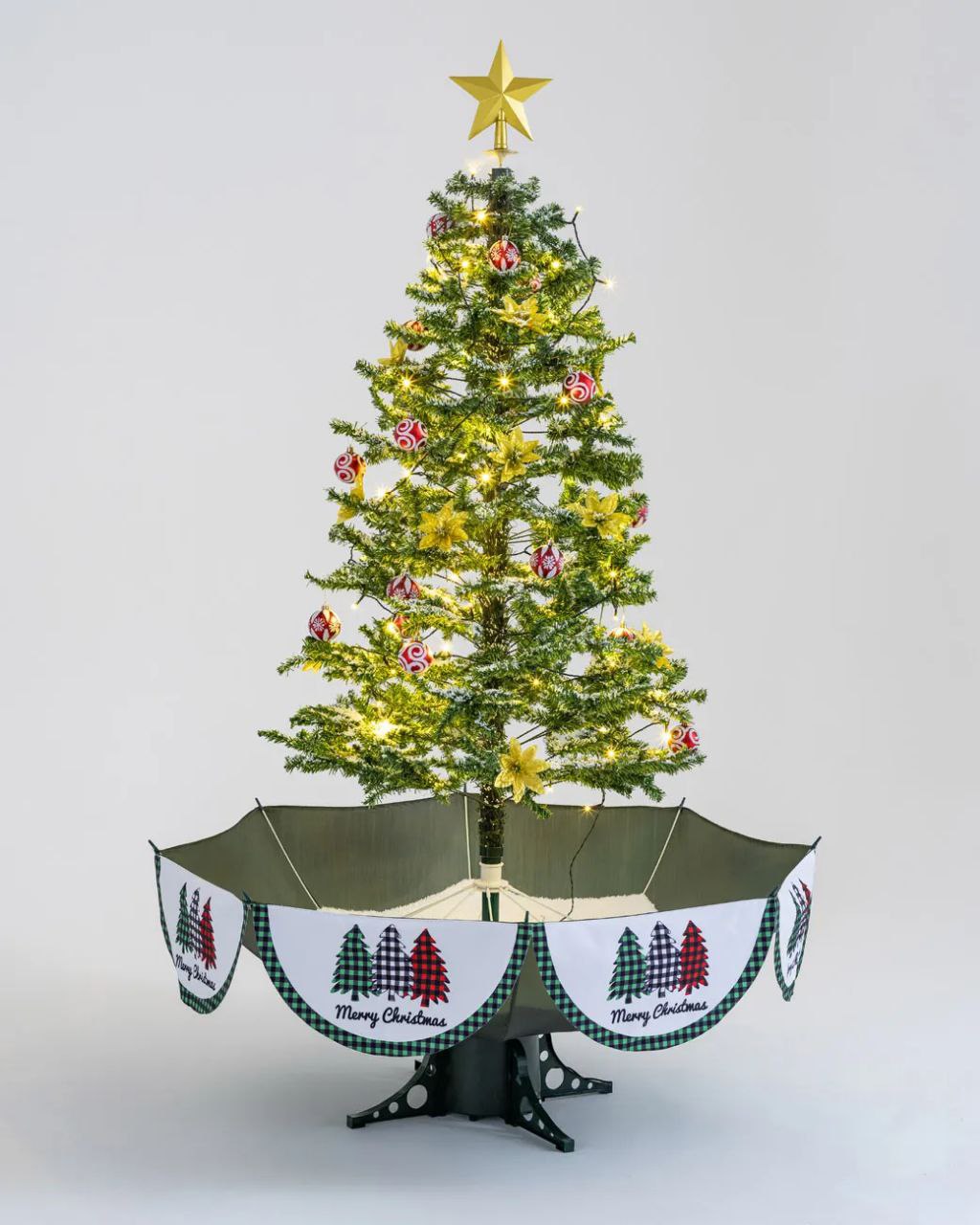 Árvore de Natal Grande com Base Guarda-Chuva - Iluminação, Música e Efeito de Neve (190 x 115 cm)